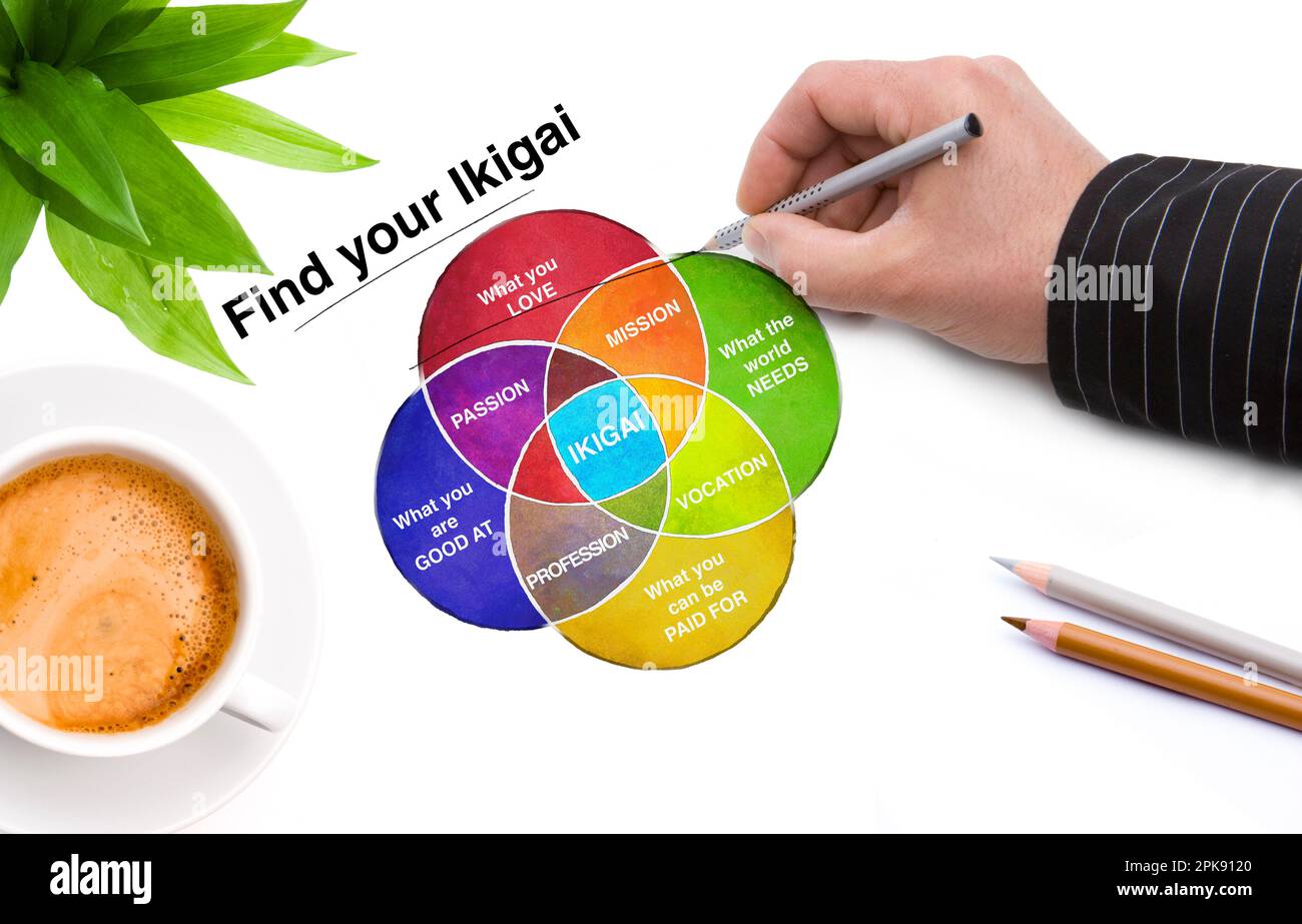 Ikigai Diagramm des Geheimnisses der Glückseligkeit Finde deinen Ikigai Stockfoto
