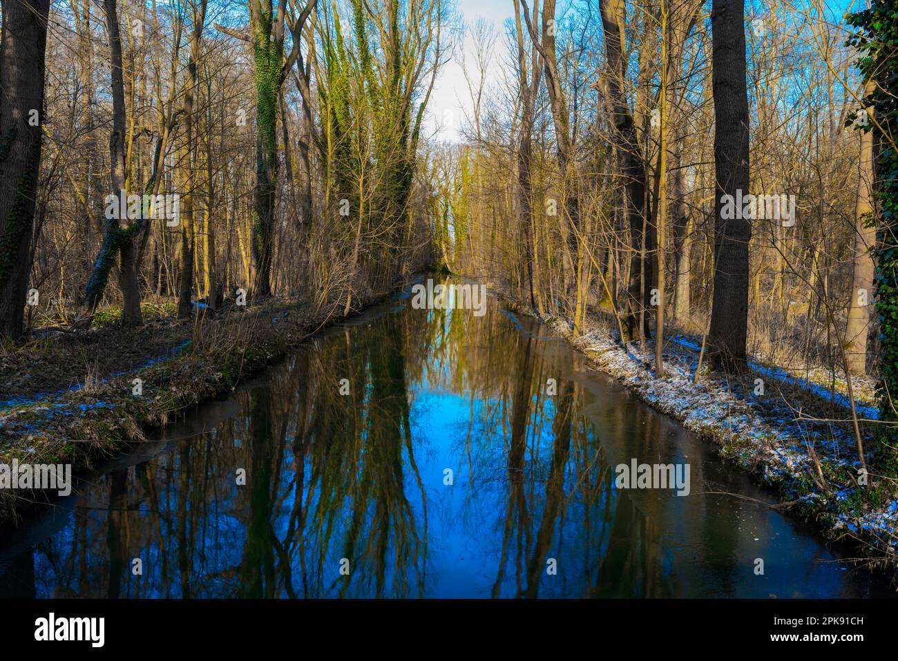 Großer breiter Fluss in einem Wald im Winter, schöne Wasserreflexionen Stockfoto