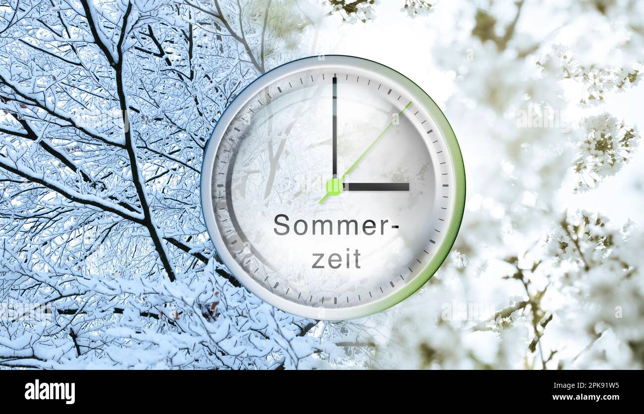 Uhr, das Drehrad zeigt drei Uhr an, Symbol für die Zeitumstellung auf Sommerzeit [M]. Stockfoto