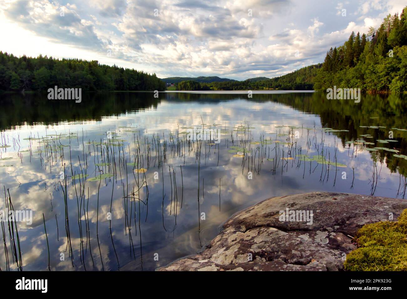 Idyllischer schwedischer See am High Coast Trail (Höga Kustenleden) mit Wolken, die sich im Wasser spiegeln Stockfoto