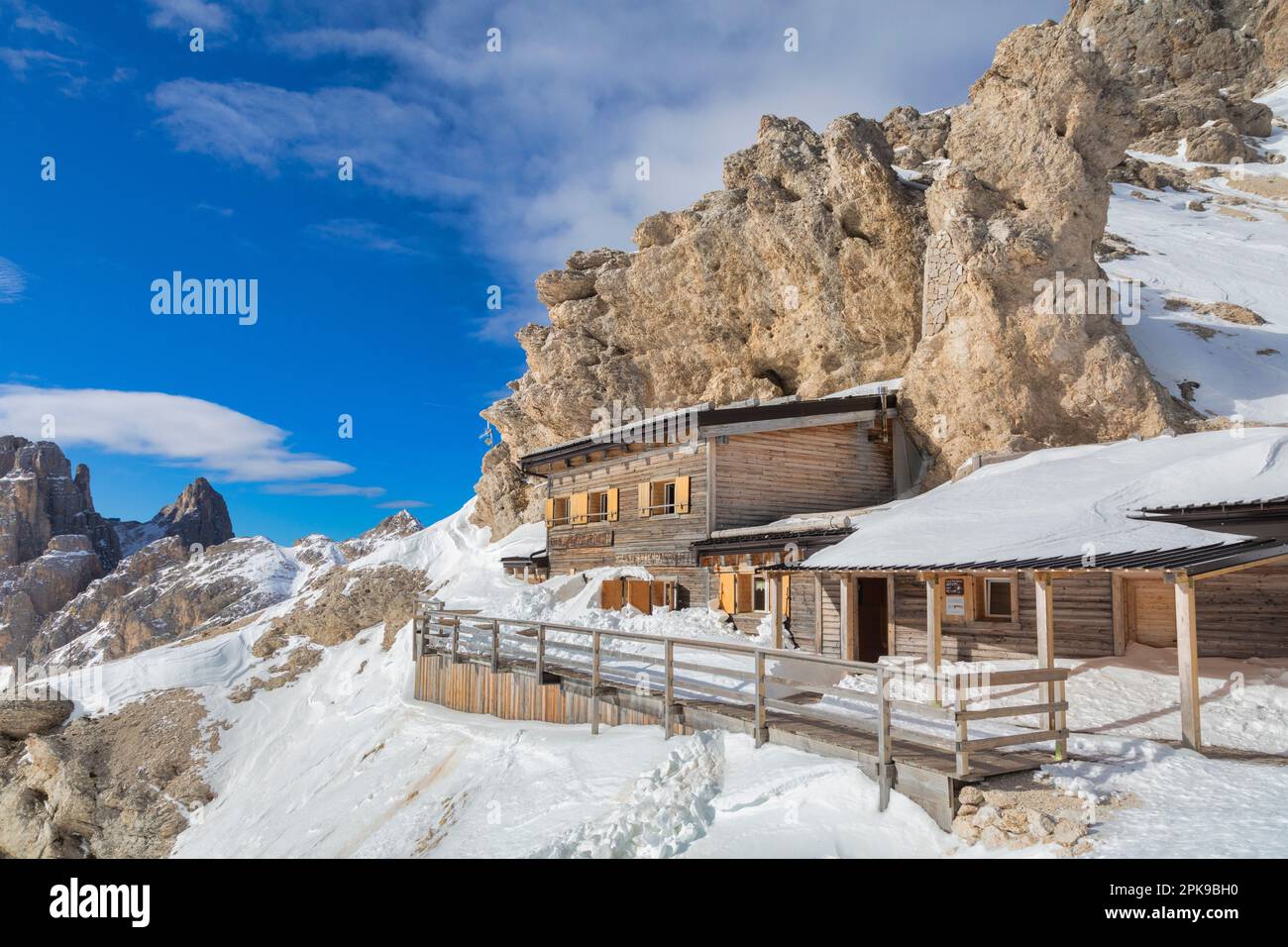 Italien, Trentino Alto Adige / Südtirol, San Giovanni di Fassa, Passo Principe Hut / Grasleitenpasshütte, Catinaccio / Rosengarten Gruppe, Dolomiten Stockfoto