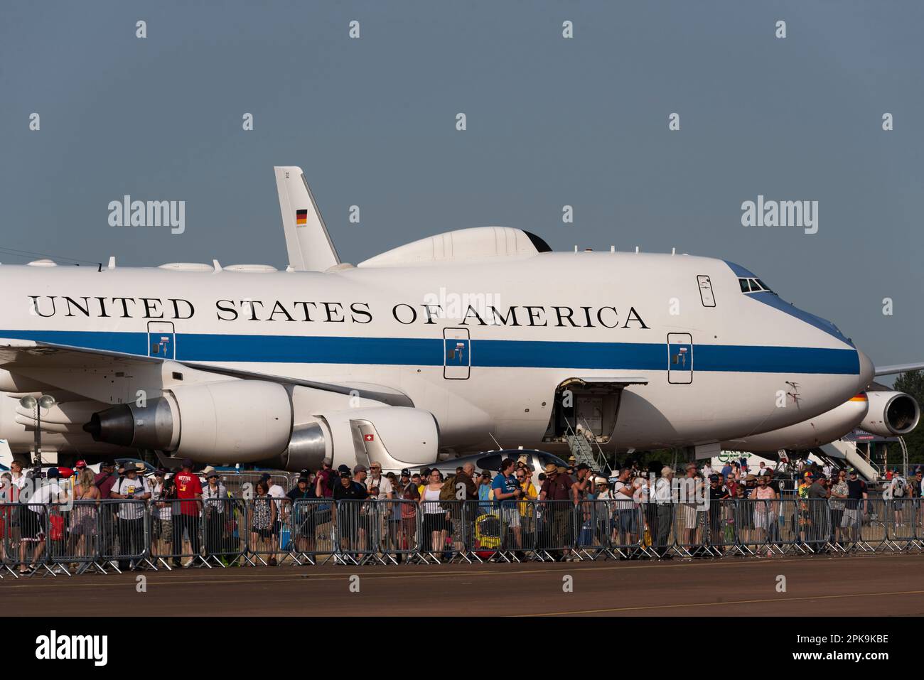 US Air Force Boeing E-4B Advanced Airborne Command Post, Spitzname Doomsday Flugzeug. Amerikanisches Präsidentenkommando, Flugzeugpost. Auf der RIAT Airshow, Großbritannien Stockfoto