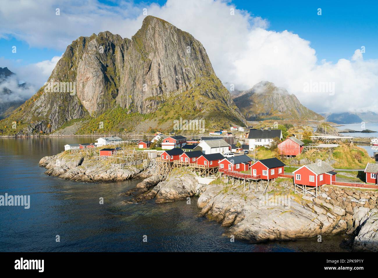 Norwegen, Lofoten, Rastplatz Toppoya, Blick über Breisundet nach Hamnoy Stockfoto