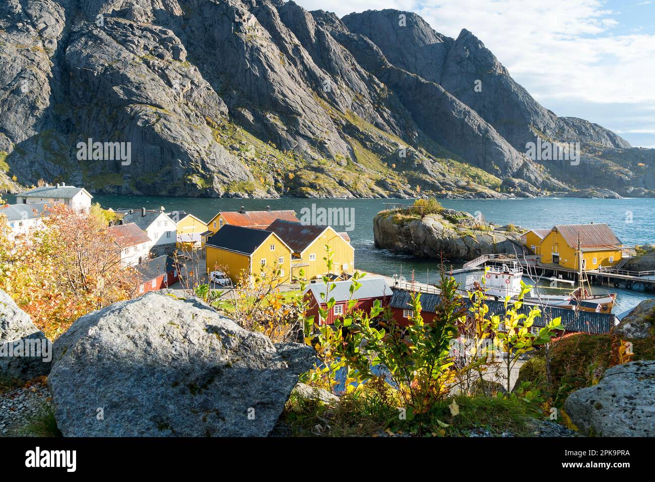 Norwegen, Lofoten, Flakstadoya, Nusfjord, Fjord Bottelvika Stockfoto