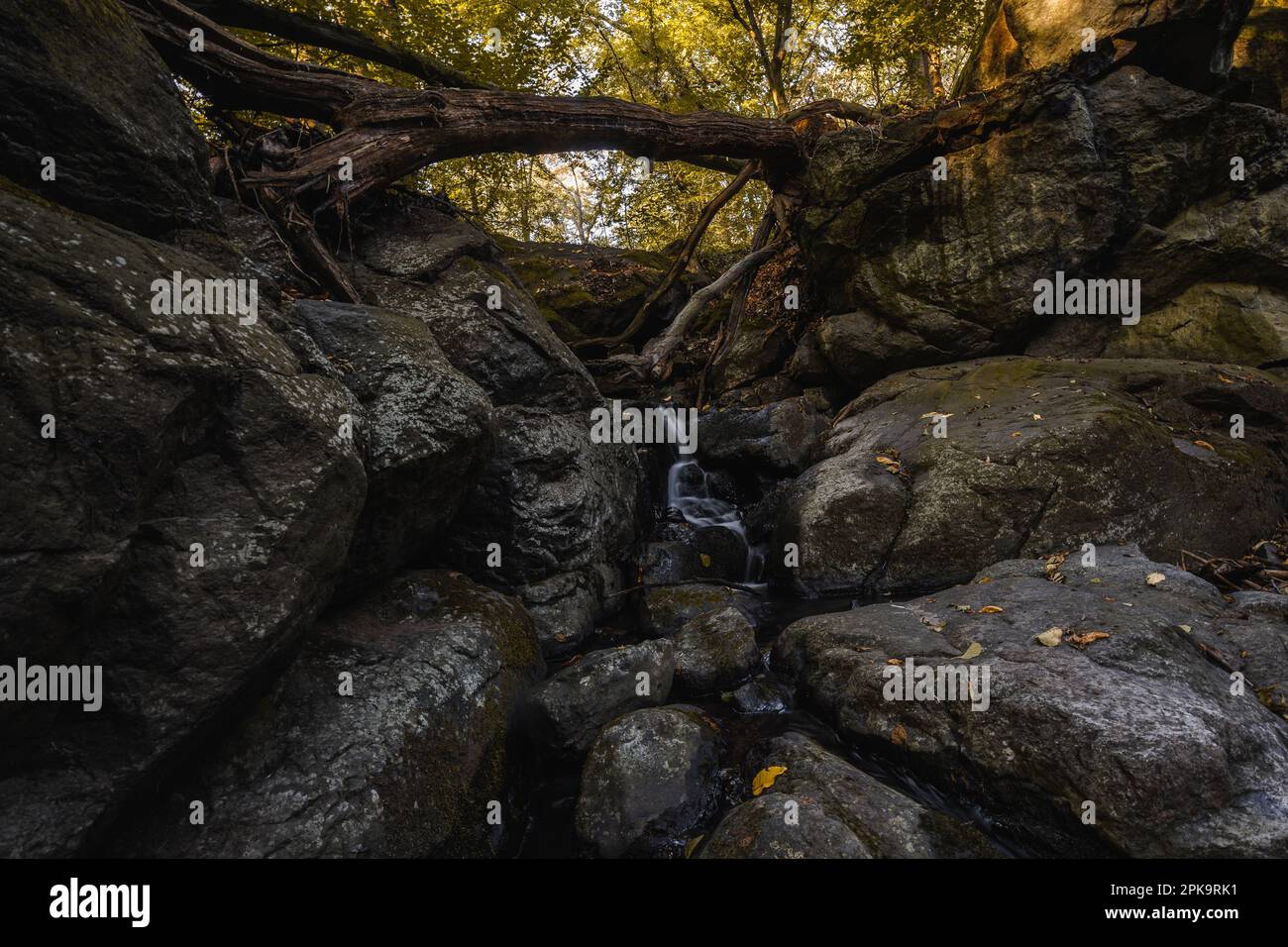 Erstaunlicher, tief in den Bergen verborgener Wasserfall, Tschechische Republik. Ruhiger und friedlicher Ort mit Wasser im Kaskadenfluss. Ein wahrhaft mystischer Ort. Stockfoto