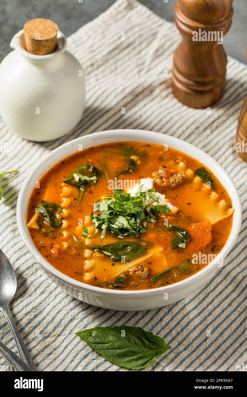 Italienische hausgemachte Lasagne-Suppe mit Basilikum und Käse Stockfoto