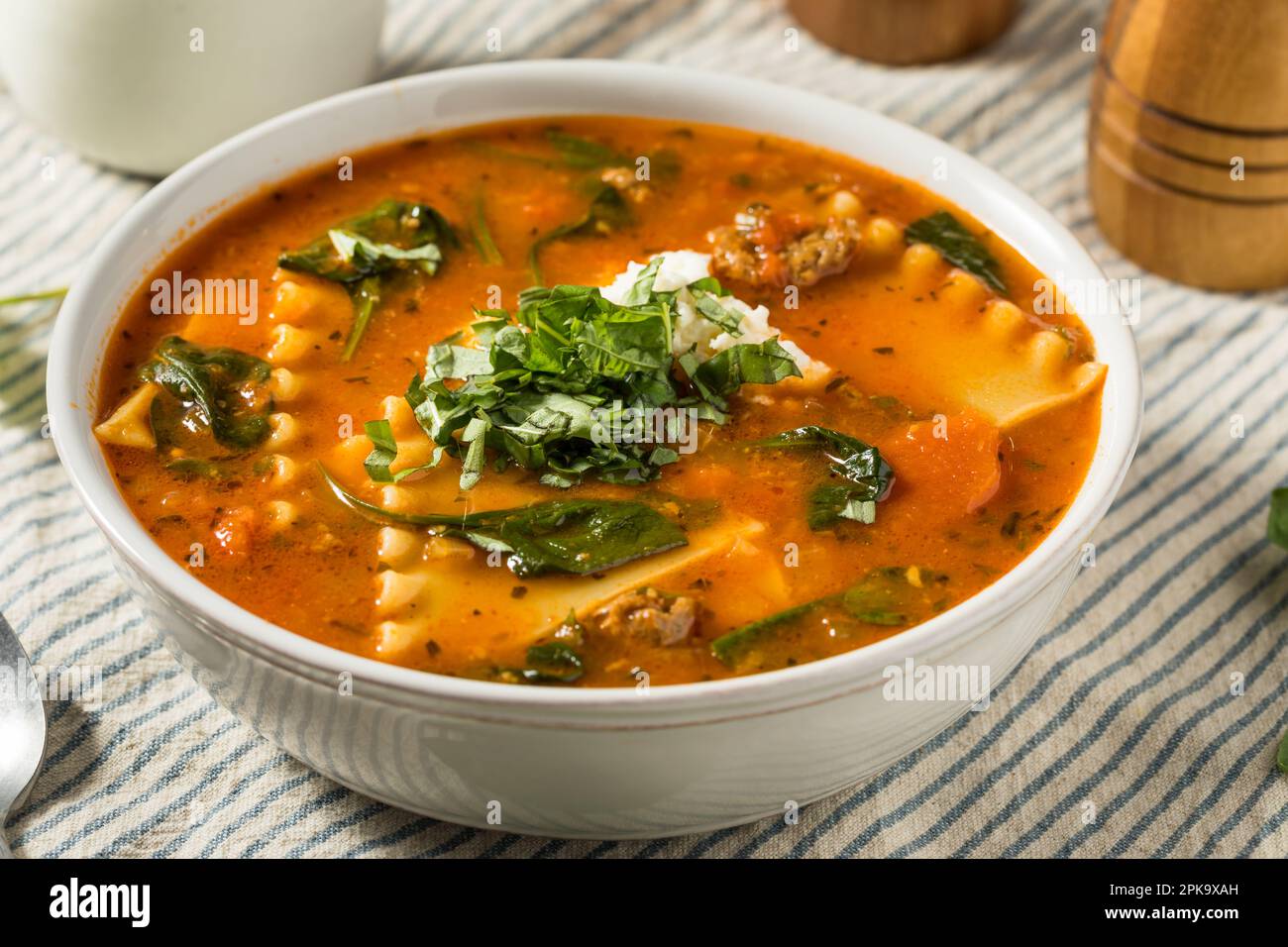 Italienische hausgemachte Lasagne-Suppe mit Basilikum und Käse Stockfoto