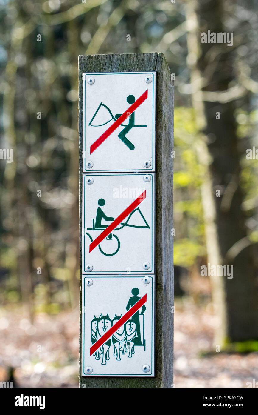 Verbotsschilder, die Reiten, schmolliges Trabrennen und Hundeschlittenfahren/Dryland-Rutschen im Wald im Naturschutzgebiet verbieten Stockfoto