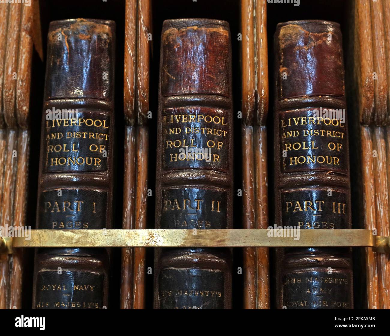 Ledergebundene Bände von Liverpool and District, Roll of Honour, Teile 1-3, in Liverpool Anglican Cathedral, St. James Mt, Liverpool, Merseyside, L1 7AZ Stockfoto