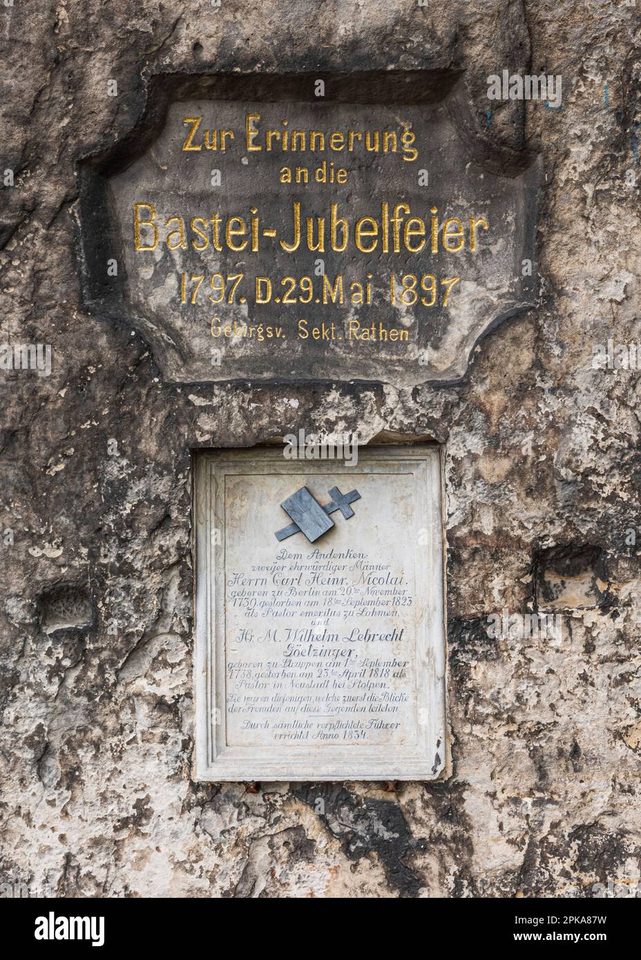 Sächsische Schweiz - Bastei, Gedenkstein für die Bastei-Jubiläumsfeier 1897 Stockfoto