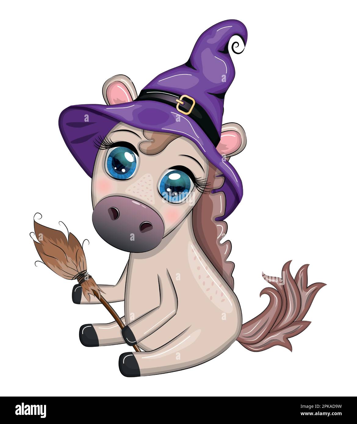 Süßes Pferd, Pony in einem lila Hexenhut, mit Besen, Kürbis, Trank.  Halloween-Karte für die Feiertage Stock-Vektorgrafik - Alamy