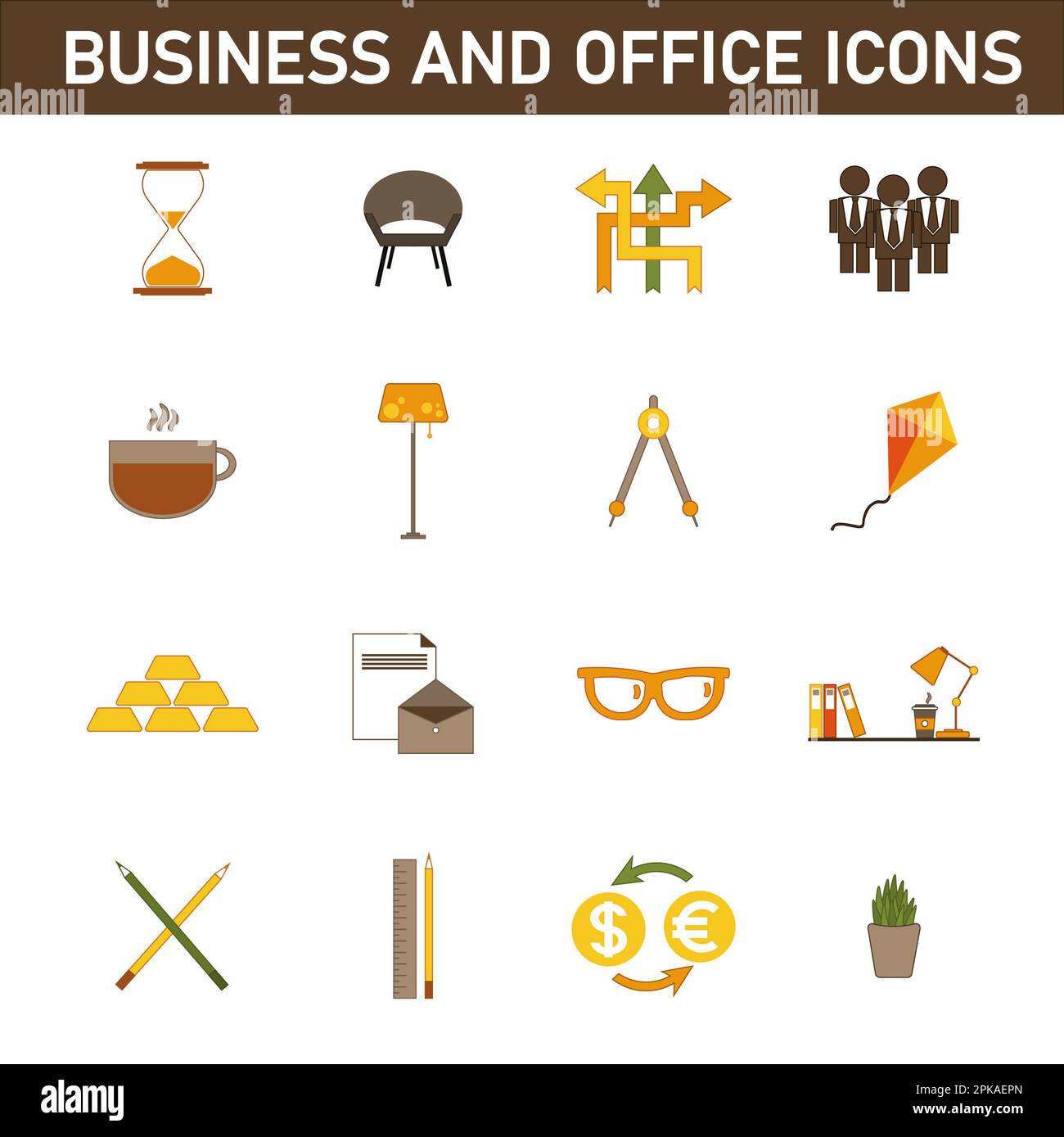 Eine Sammlung mehrfarbiger Flachsymbole zum Thema: Geschäft und Büro. Isoliert auf weißem Hintergrund. Stockfoto