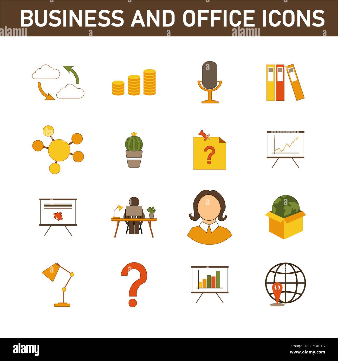 Eine Sammlung mehrfarbiger Flachsymbole zum Thema: Geschäft und Büro. Isoliert auf weißem Hintergrund. Stockfoto