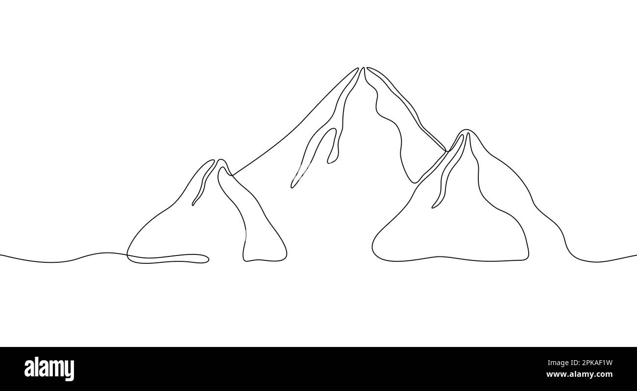Berge durchgehende eine Linie, isoliert auf weißem Hintergrund. Hügel-Silhouette im abstrakten linearen Stil. Vektordarstellung Stock Vektor