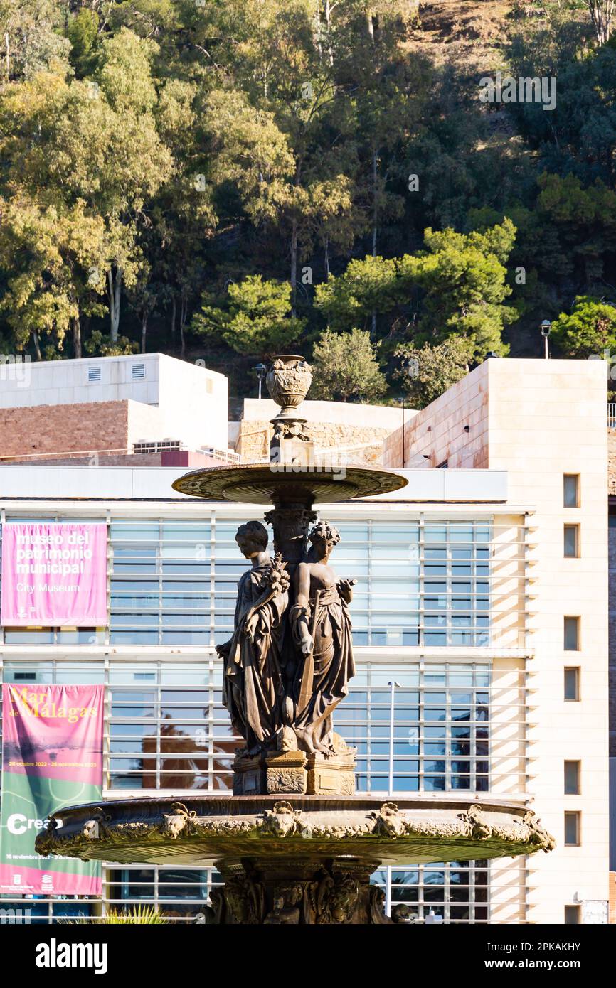 Fuente de las Tres Gracias, Three Graces Brunnen, Las Tres Ninfas, Plaza de General Torrijos, Malaga, Andalusien, Costa del sol, Spanien Stockfoto