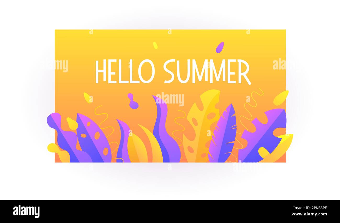 Poster Sommerferien. Horizontales Banner mit tropischen Palmenblättern. Vorlage für farbige Flachvektordarstellung des Sommerangebots, soziale Medien Stock Vektor