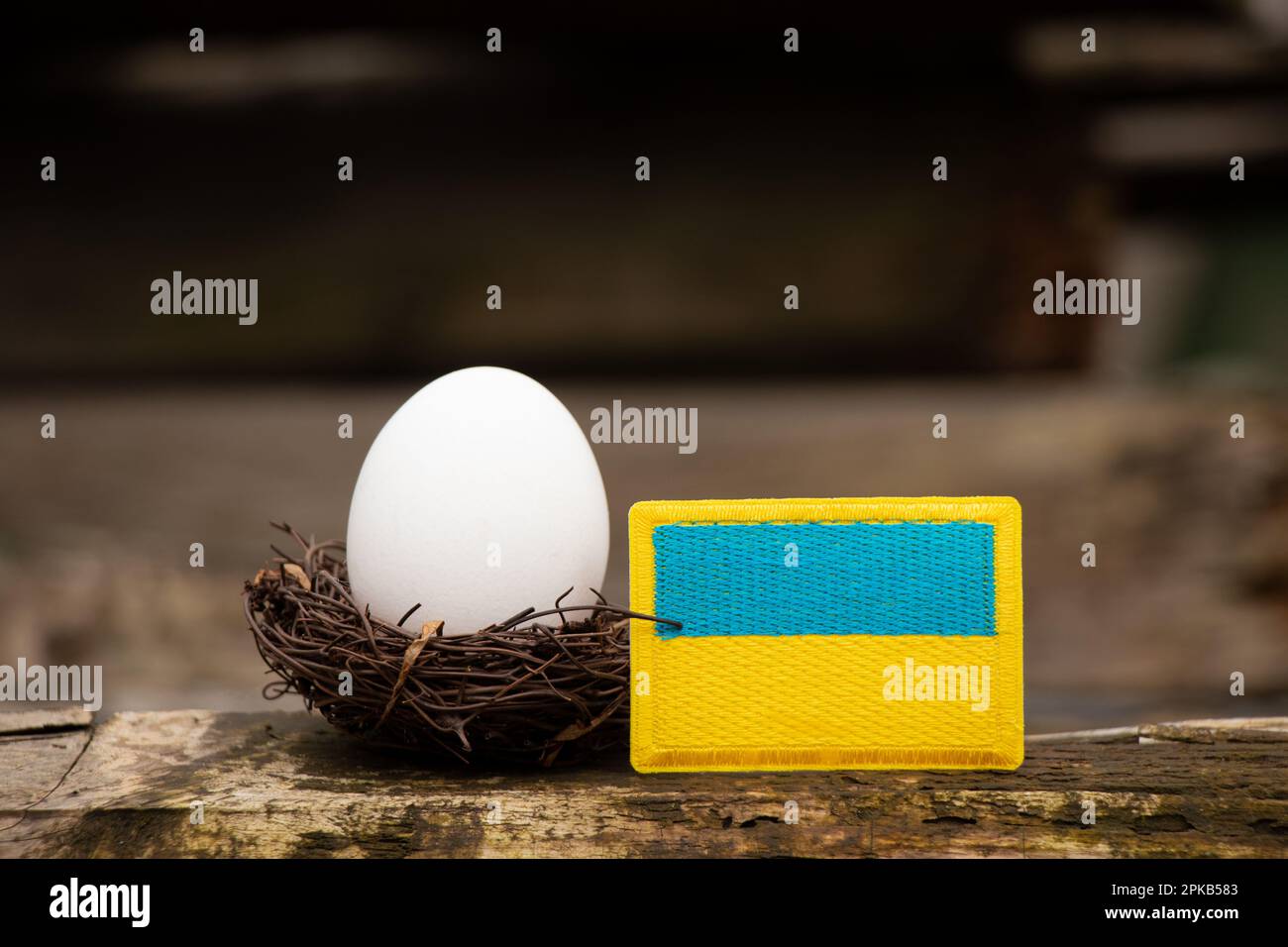 Ein weißes Hühnerei in einem Strohnest und die Flagge der Ukraine auf einem Holzbrett auf der Straße, ein Ei und Futter Stockfoto