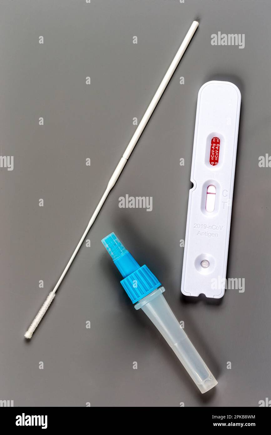 Ansicht des kompletten Satzes von oben auf grauem Hintergrund. Stockfoto