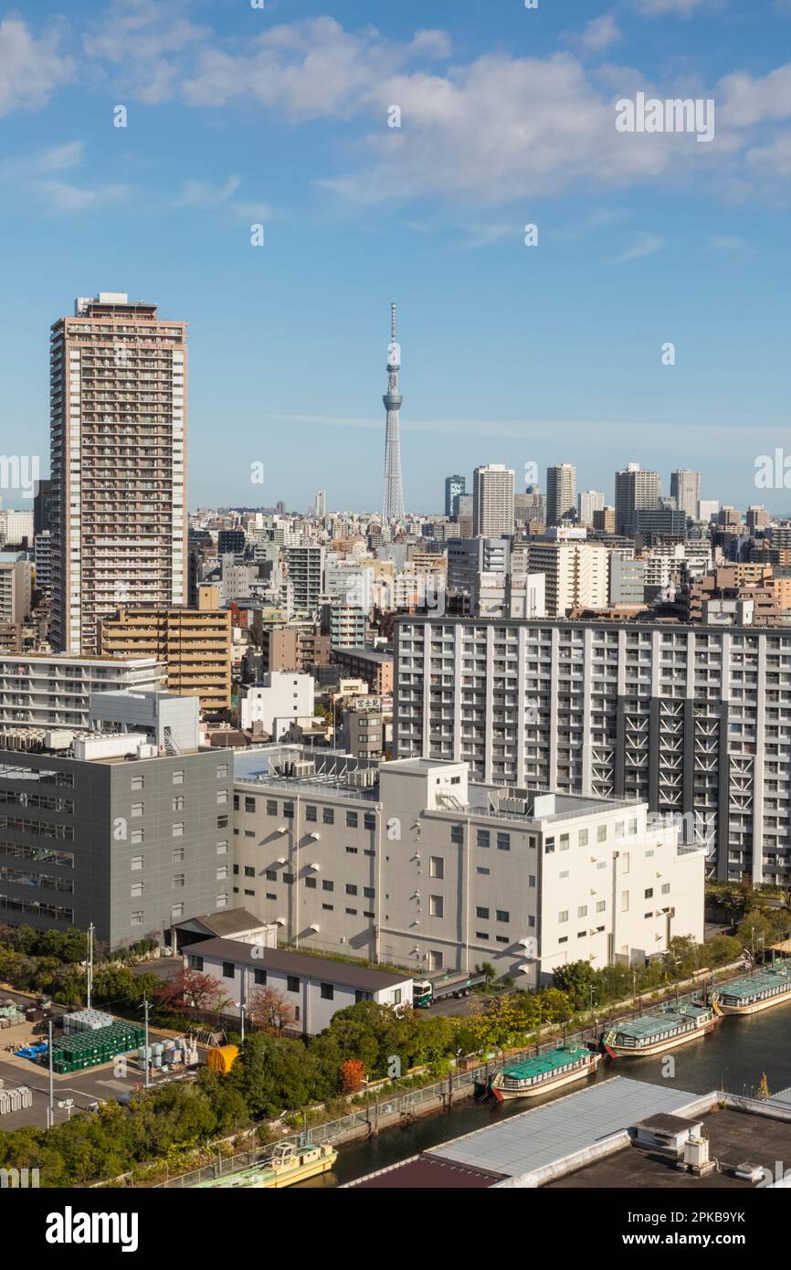 Japan, Honshu, Tokio, typischer Stadtblick und Tokyo Skytree Tower Szene aus der Gegend von Toyosu Stockfoto