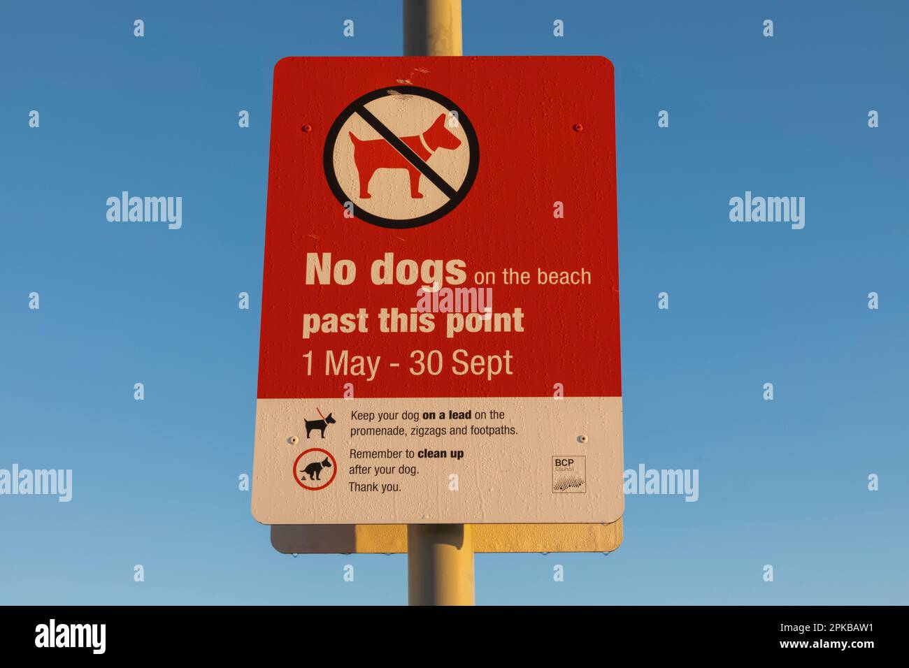 England, Dorset, Poole, Sandbanks Beach, Hundegehrecht Schild Stockfoto