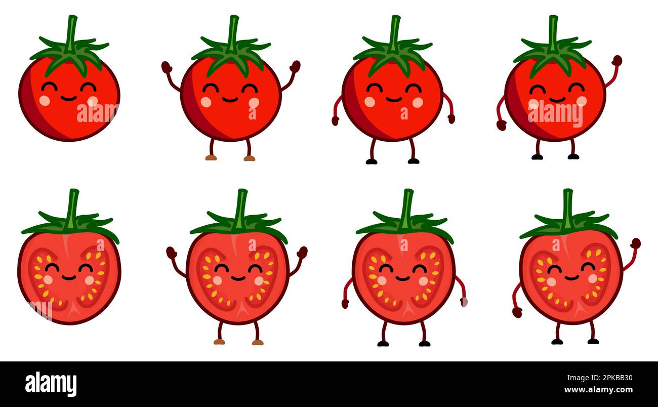 Niedliche Tomatenlegende im Kawaii-Stil, ganze und halbierte Version mit erhobenen, unten liegenden und winkenden Händen Stock Vektor