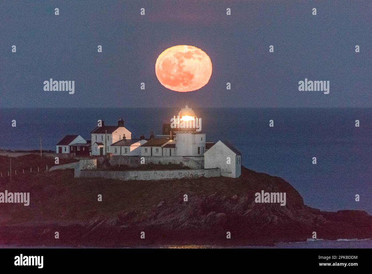 Roches Point, Cork, Irland. 06. April 2023. Hinter dem Leuchtturm von Roches Point, Co., erhebt sich ein rosa Mond Cork, Irland. David Creedon/Alamy Live News Stockfoto