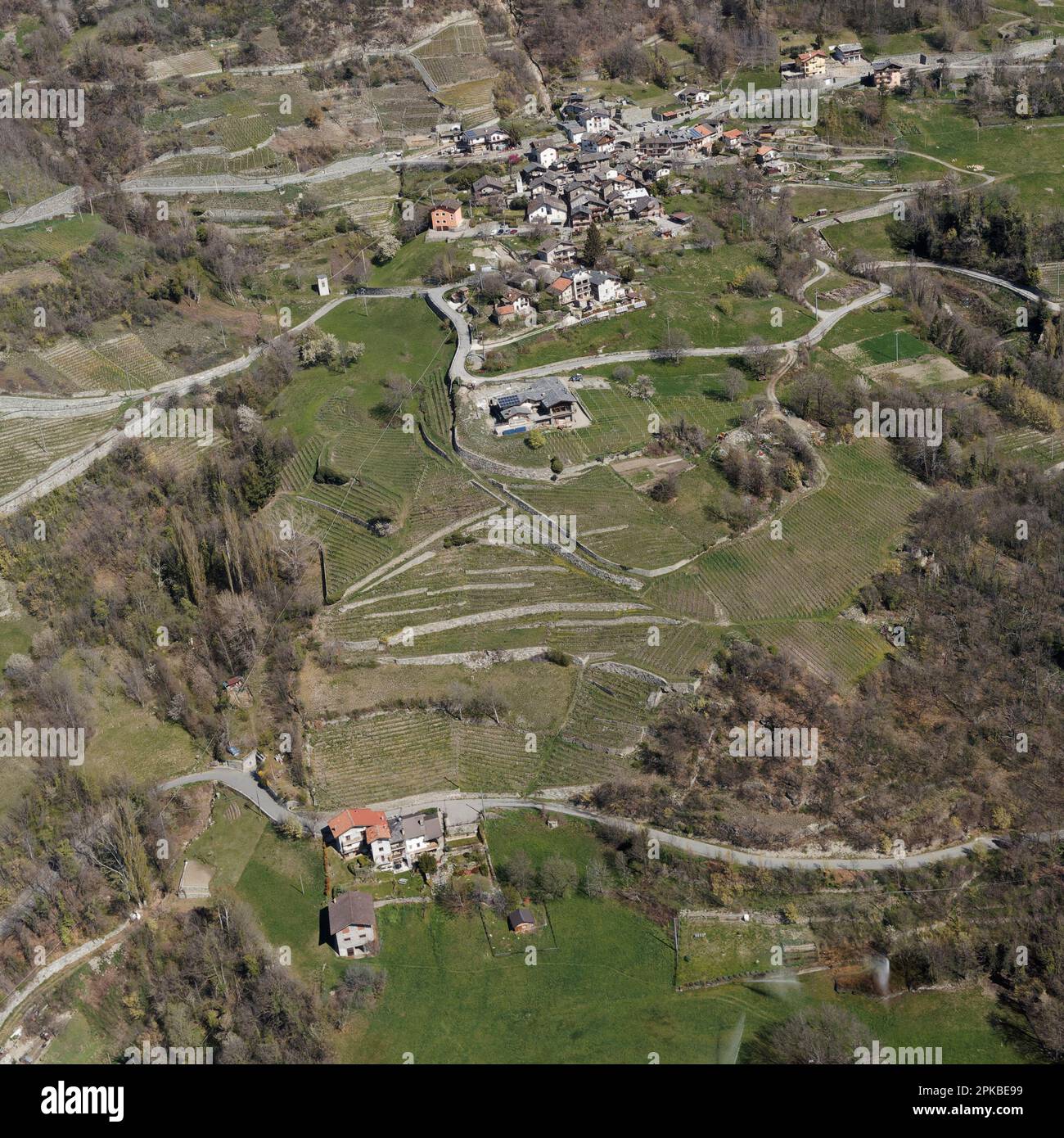 Blick aus der Vogelperspektive auf das Dorf Les Granges und den Weinberg in der Nähe der Stadt NUS, Aosta Valley. NW Italien Stockfoto