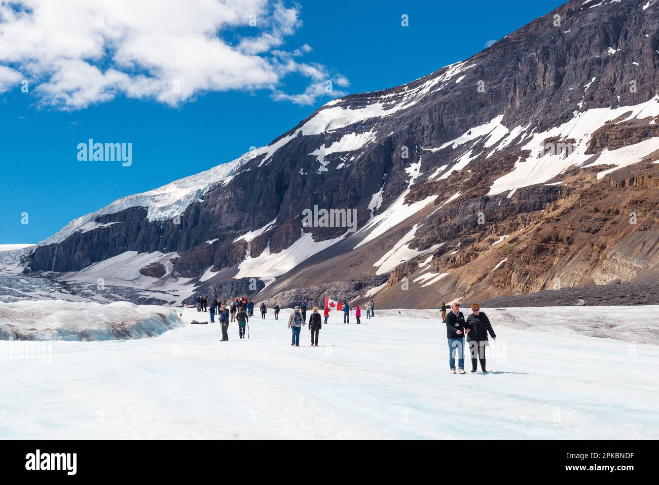 Touristen wandern auf dem Athabasca-Gletscher, Jasper-Nationalpark, Kanada. Stockfoto