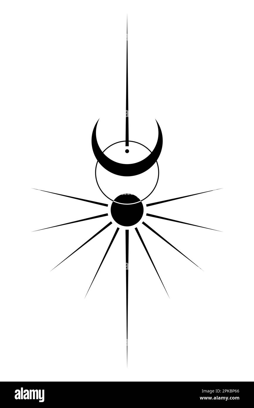 Sonne- und Mondkunstkunst im Vintage-Stil. Tattoo mit Wicca Outline Logo. Mystische heilige Geometrie, magische heidnische Wicca-Göttin und gottes Symbole. Vektorschwarz Stock Vektor