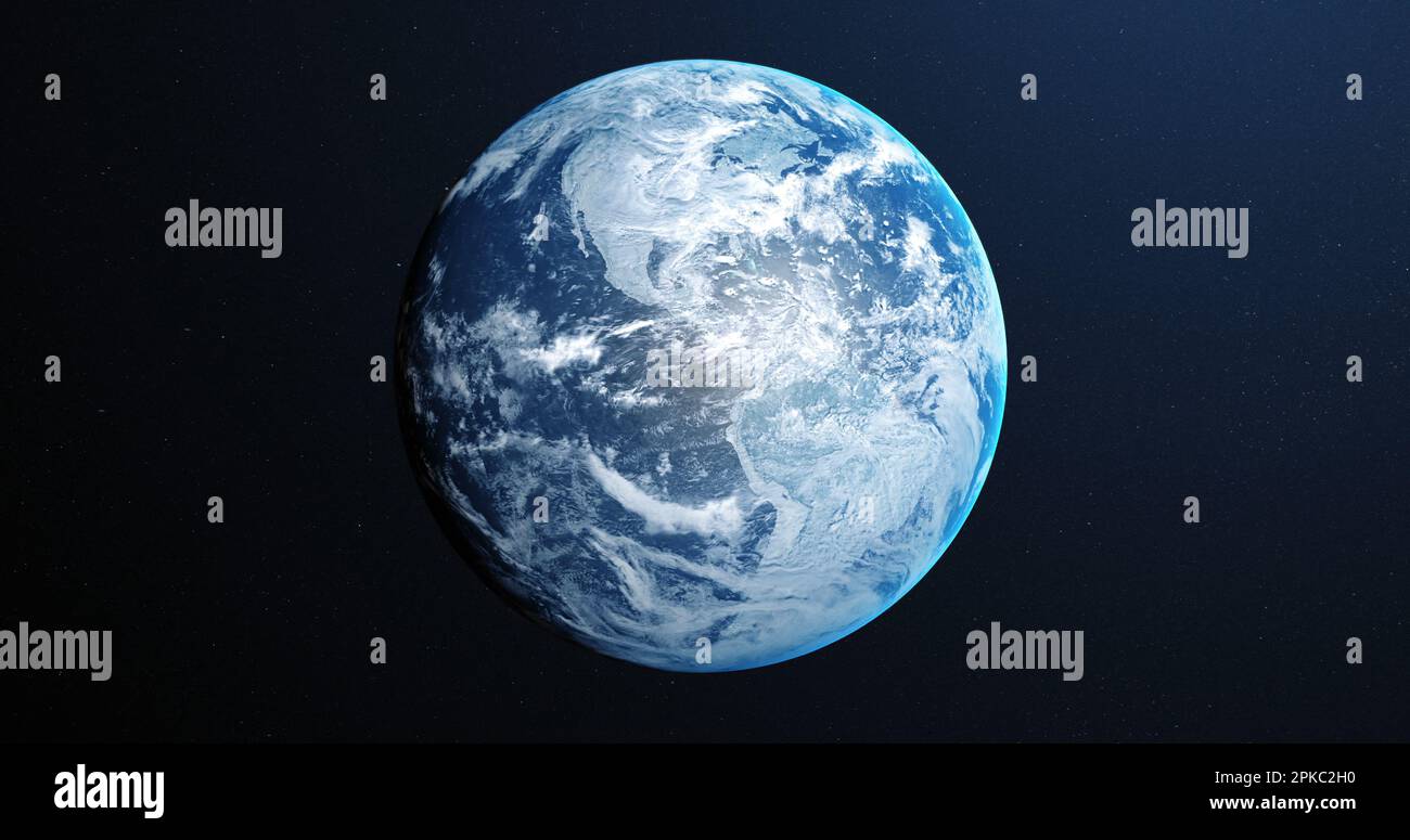 Planet Erde mit Wolken und Atmosphäre, unsere Welt vor einem dunklen Hintergrund aus dem Weltraum betrachtet Stockfoto