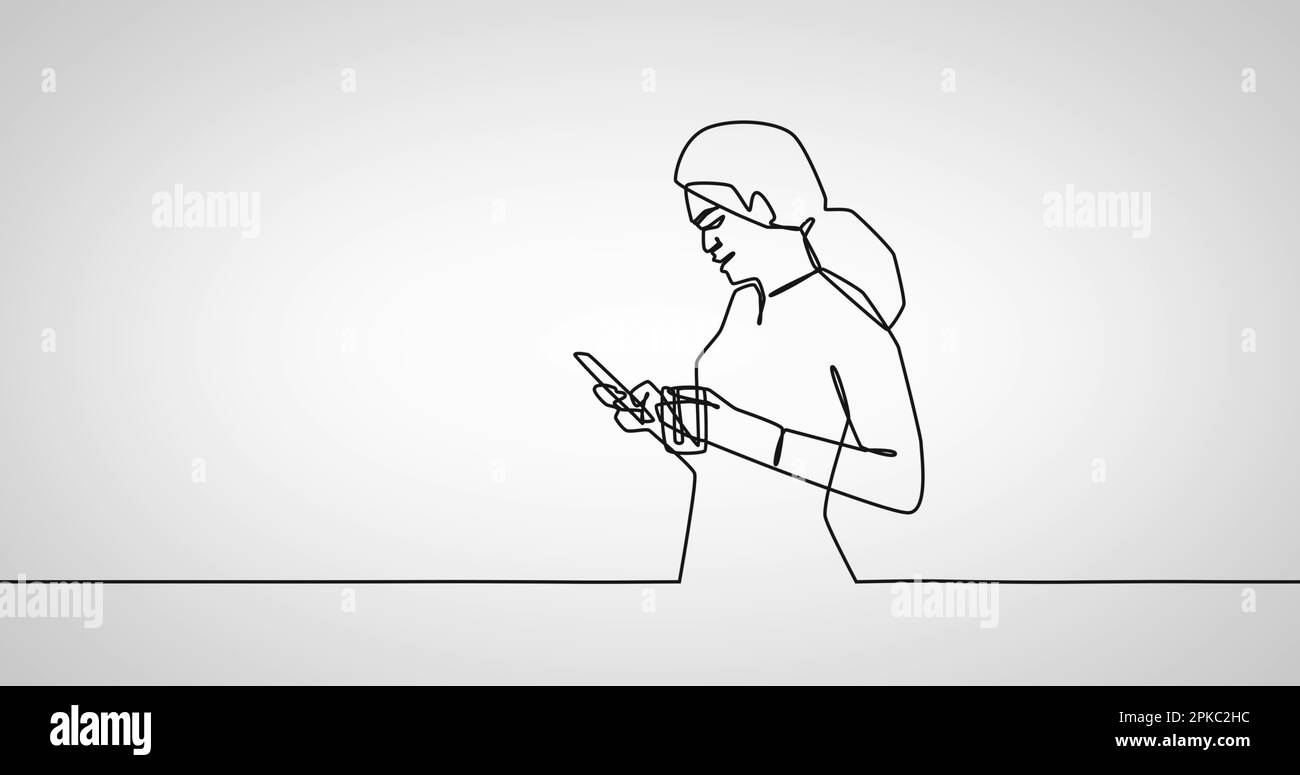 Bild einer Zeichnung einer Geschäftsfrau mit Smartphone auf weißem Hintergrund Stockfoto