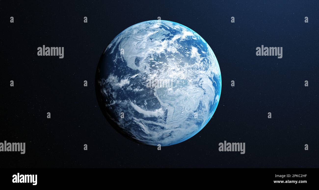 Planet Erde mit Wolken und Atmosphäre, unsere Welt vor einem dunklen Hintergrund aus dem Weltraum betrachtet Stockfoto
