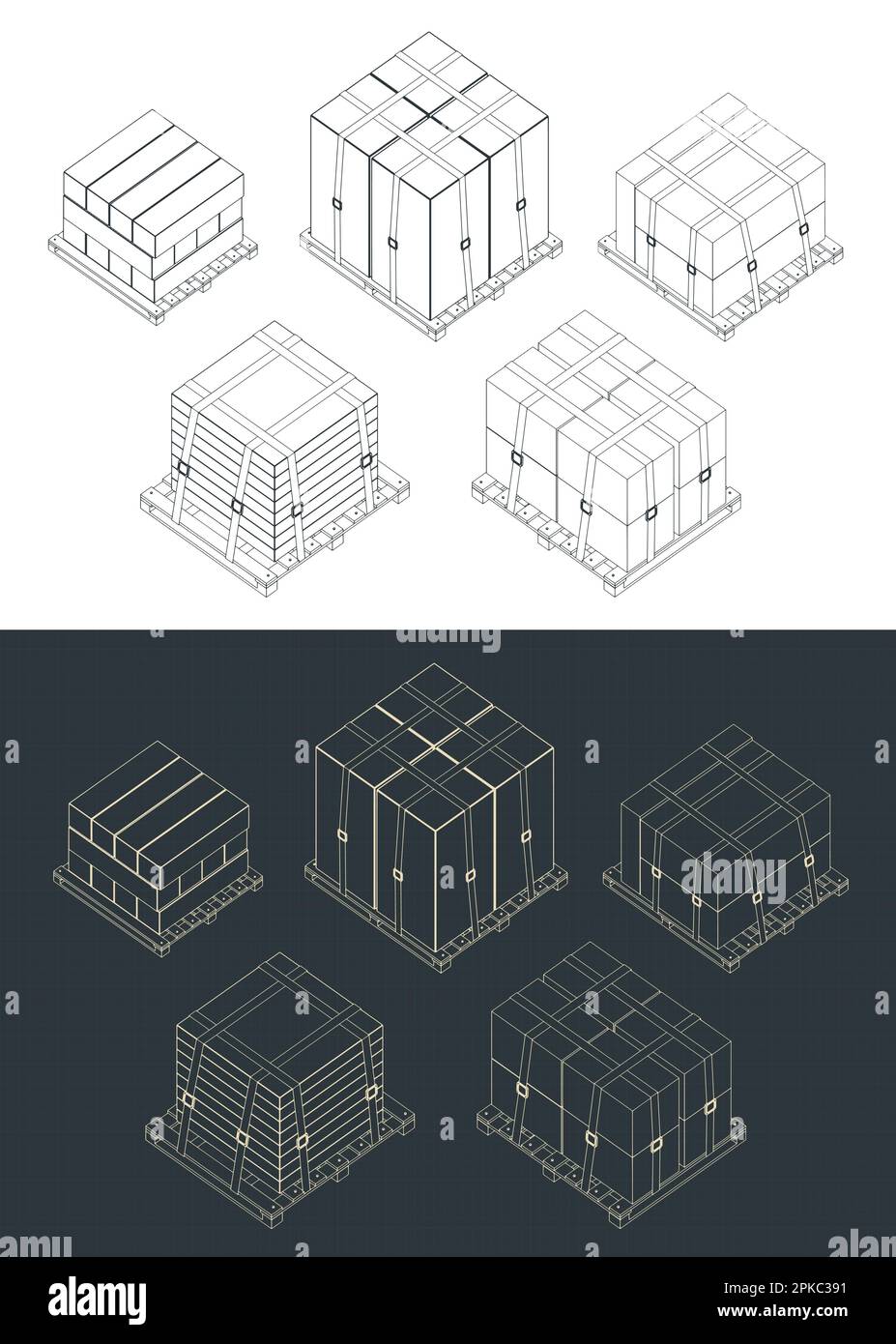 Stilisierte, isometrische Vektordarstellung von verpackten, auf Paletten fixierten Frachttypen Stock Vektor
