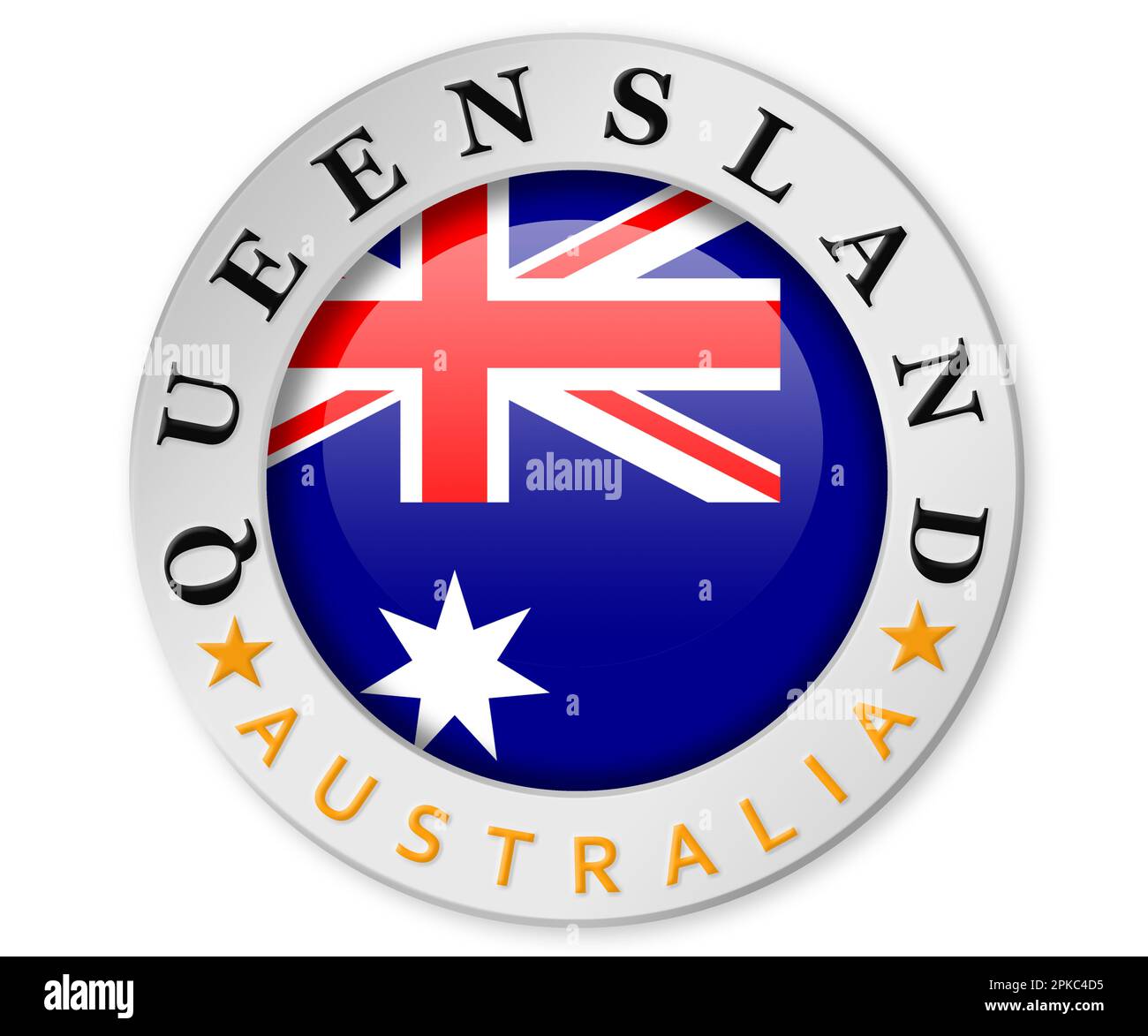 Silbernes Abzeichen mit Flaggen von Queensland und Australien, 3D-Rendering Stockfoto