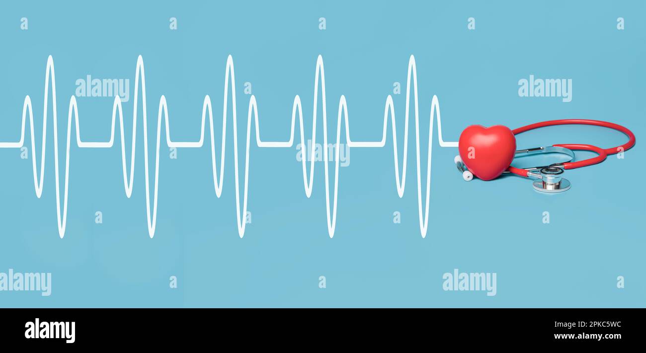 Stethoskop und Herzuntersuchung rot auf blauem Hintergrund, Gesundheitskonzept. Stockfoto