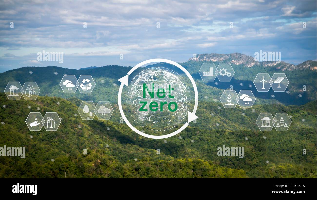 Verringerung der Treibhausgasemissionen, das Konzept der CO2-neutralen und Netto-Null-Emissionen. Natürliche Umwelt Klimaneutrale langfristige Strategie Stockfoto