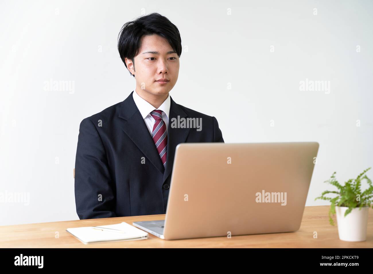 Männlicher Jobjäger, der ein Online-Interview am Computer macht Stockfoto
