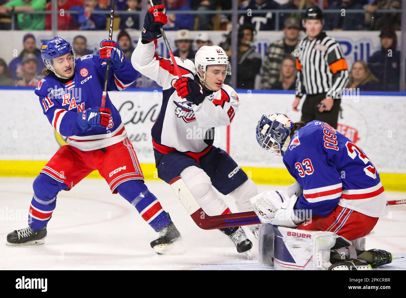 Kichener, Ontario, Kanada. April 6 2023, Kichener Ontario Canada, die Kitchener Rangers ziehen eine riesige Aufregung durch die Windsor Spitfire in 4 Spielen (nur Editorial) Matthew Maggio(81) von The Windsor Spitfire. Kredit: Luke Durda/Alamy Live News Stockfoto