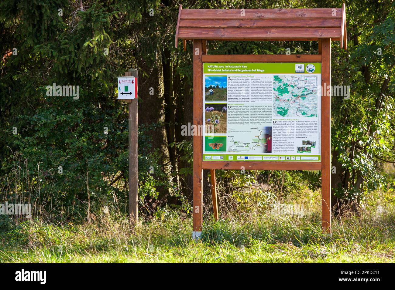 Information Board Geopark FFH-Gebiet Selketal und Bergwiesen in der Nähe von Hornberg Stockfoto