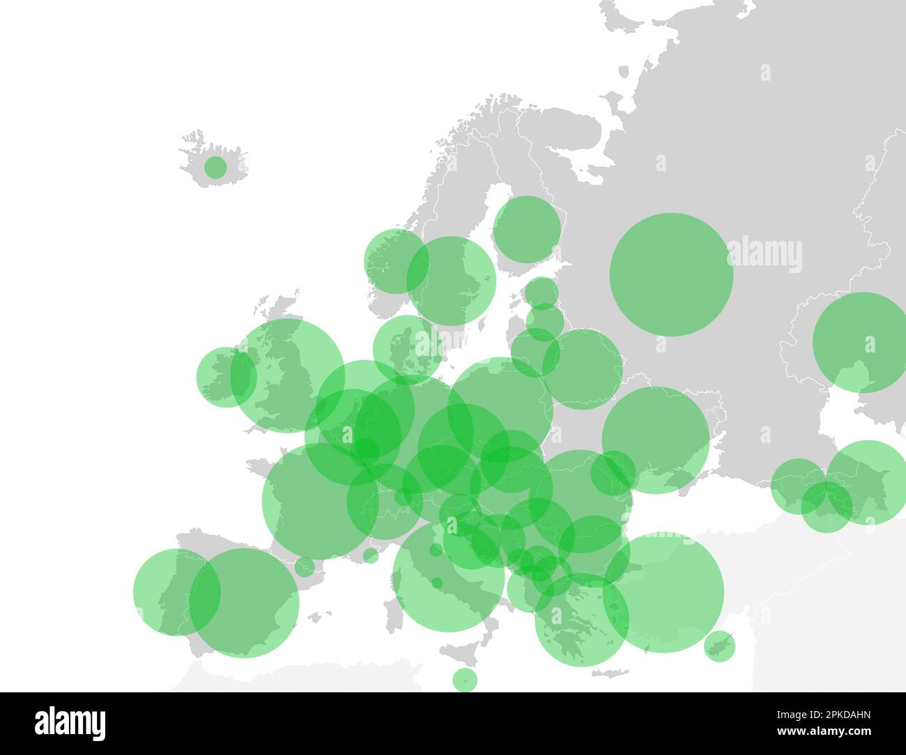 Karte des europäischen Kontinents mit grünen Kreisen, die die Bevölkerung in jedem Land repräsentieren. Grafische Darstellung der Bevölkerung in den europäischen Ländern. Stockfoto