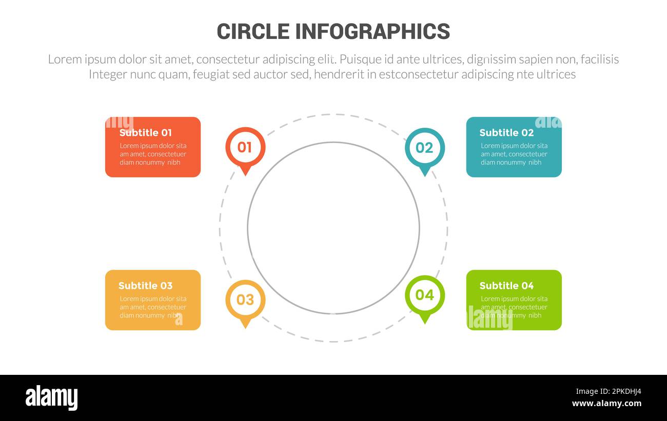 Infografiken mit Kreisbasis Vorlage Diagrammbanner mit kleinem Kreis verbunden und 4-Punkt-Stufenvektor für kreatives Design Stockfoto