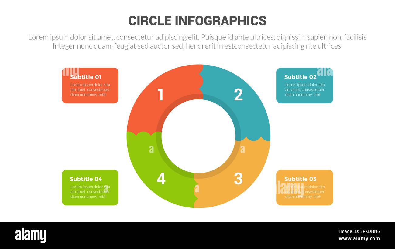 Kreisförmige Infografiken Vorlage für Diagrammbanner mit kreativem Design in 4-Punkt-Schritten Stockfoto