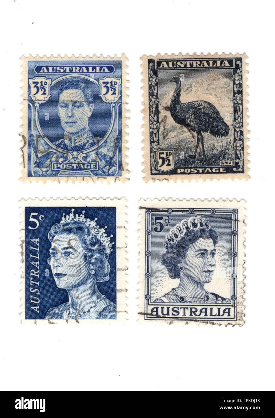 Klassische Briefmarken aus Australien isoliert auf weißem Hintergrund. Stockfoto