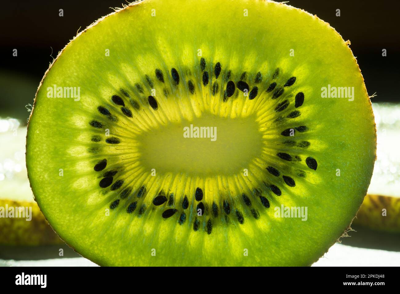 una bella fetta di kiwi di Colore verde con i suoi semini neri Stockfoto