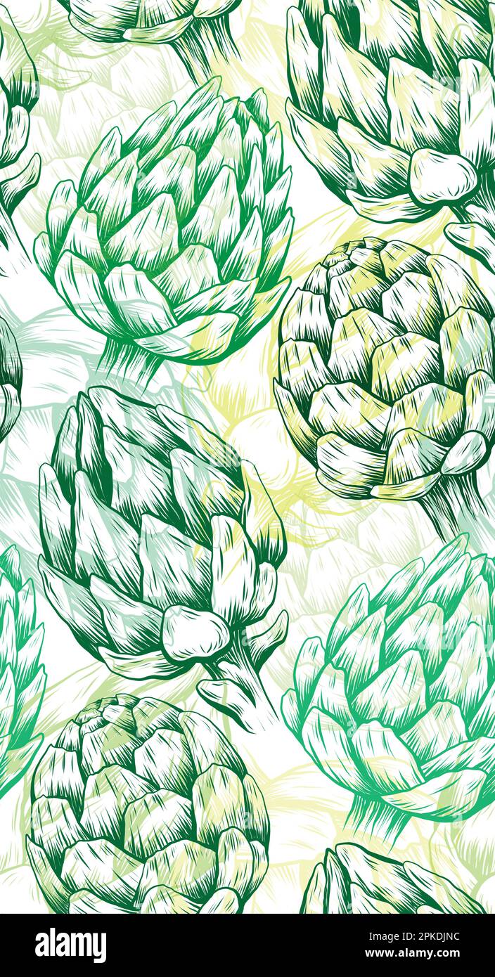 Nahtloses Vektormuster mit von Hand gezeichneten grünen Artischocken auf weißem Hintergrund. Natürliche gesunde Lebensmittel Hintergrund für Tapete. Textur mit Skizze Stock Vektor