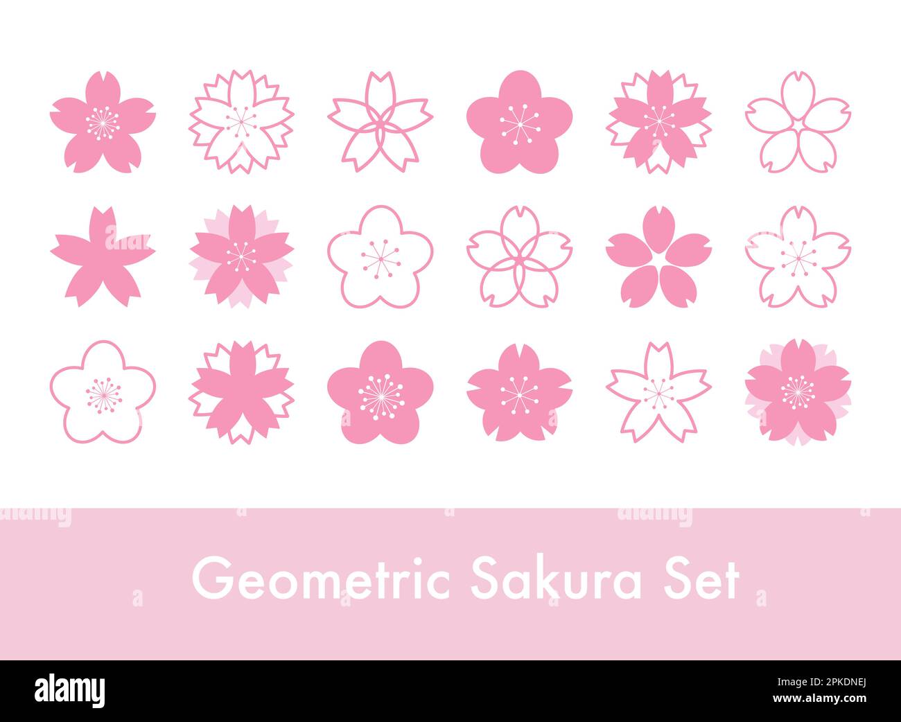 Geometrische Sakura-Blumenstempelsymbole, Kirschblütensymbole Stock Vektor