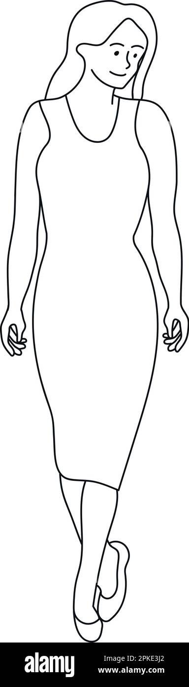 Eine süße Frau in einem Kleid läuft mit halbgedrehtem Kopf. Handgezeichnete Linienkunst einer Frau. Mädchen auf einem Spaziergang Stock Vektor