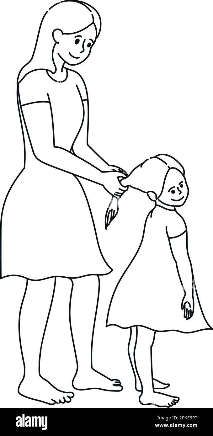 Mutter flechtet die Haare der Tochter. Mom und Tochter zusammen. Thema zum Muttertag. Vektorkunst Stock Vektor