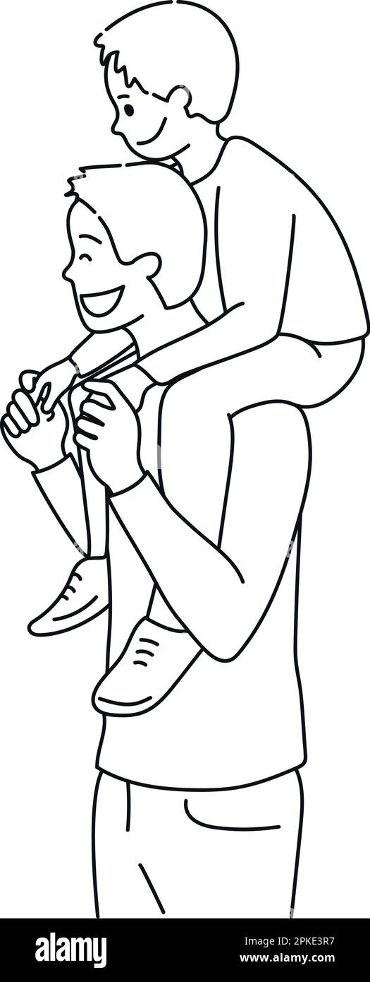 Der Sohn sitzt auf den Schultern seines Vaters. Dad und Sohn zusammen. Thema zum Vatertag. Vektorkunst Stock Vektor