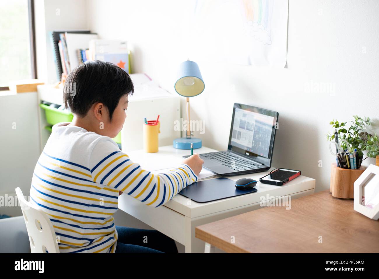 Ein Junge, der zu Hause vor seinem Computer lernt Stockfoto